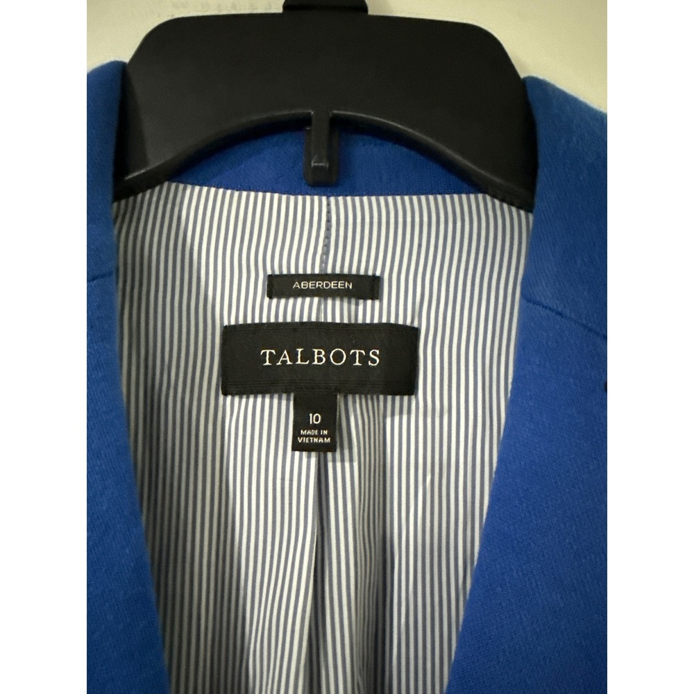 Talbots Aberdeen Royal Blue Knit Blazer Gold Crest Buttons Navy Trim Womens 10 - Picture 2 of 9